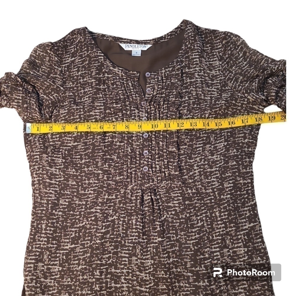 Pendleton 100% Silk Sheer Puff Sleeve Brown Blouse Petite 8 — Quiet Luxury Work - Picture 9 of 14